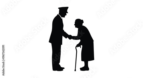 An elderly couple greeting with a handshake black silhouette