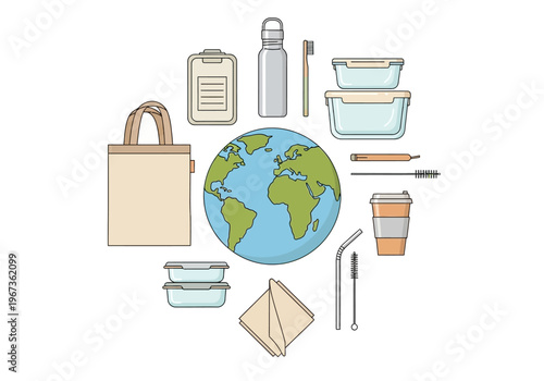 Earth surrounded by eco friendly items.