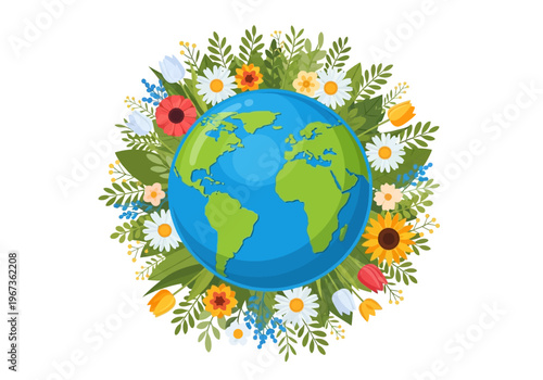 Globe surrounded by colorful flowers.