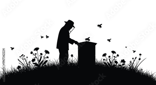 Beekeeper tending to a hive with bees a striking silhouette