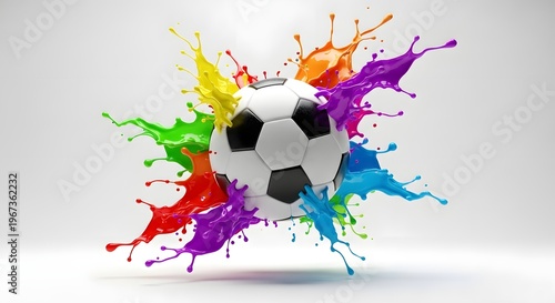 soccer ball exploding with vibrant colorful paint splatter on white background