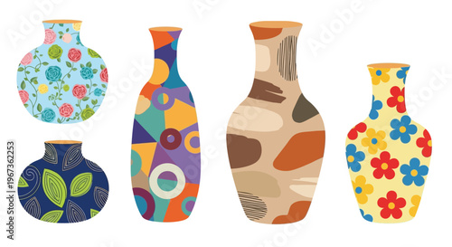Colorful patterned vases arranged on a white background silhouette