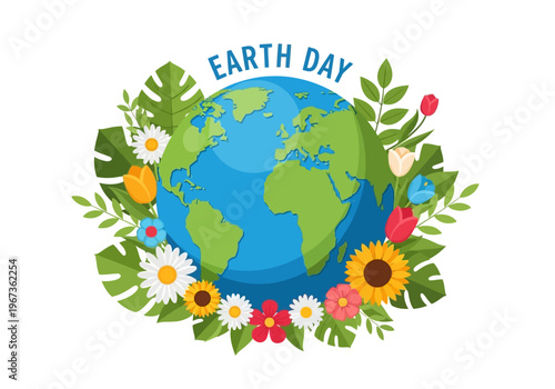 Earth Day Globe with Colorful Flowers.