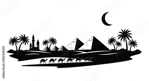 Egyptian landscape with pyramids camels and a crescent moon silhouette