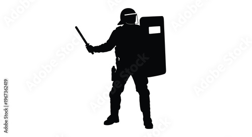 Riot police officer standing guard with shield and baton silhouette