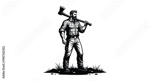A rugged lumberjack stands confidently with an axe over his shoulder a striking black silhouette high quality professional detailed modern elegant