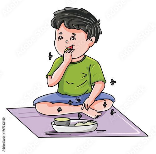 Cute cartoon hand drawn vector boy eating uncovered food and house flies on food clipart.