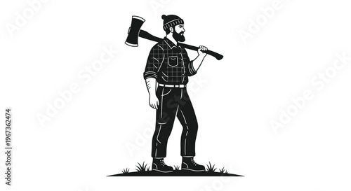 A detailed illustration depicts a bearded lumberjack carrying an axe over his shoulder presented as a silhouette high quality professional modern