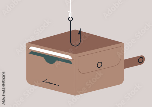 A wallet hangs as a hook tries to lure money out of it, symbolizing financial scams and the hidden risks that can quietly pull away personal savings