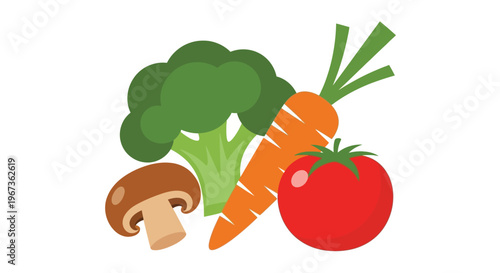 Colorful vegetables including broccoli carrot tomato and mushroom silhouette