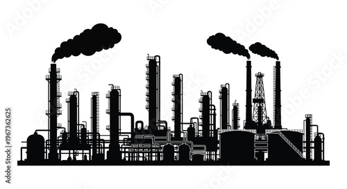 A stark black silhouette of an industrial complex with multiple smokestacks emitting dark plumes of smoke silhouette high quality professional detailed