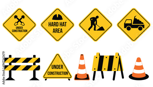 Construction safety warning signs illustration set, roadwork elements with barriers cones helmets and traffic symbols for hazard prevention and site compliance.