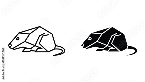 Contrasting geometric and filled stylized rat illustrations in black and white