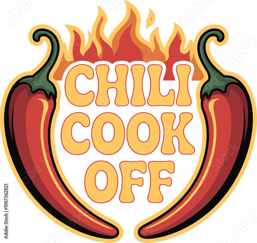 Chili cookoff banner illustration, fiery peppers with blazing flames and molten lava textures for spicy food festival promotion and event design.