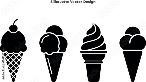 Silhouette set of ice cream cones and soft serve swirls. Vector set of summer dessert and sweet dairy snack symbols. Cold treat refreshment icons. Professional vector illustration