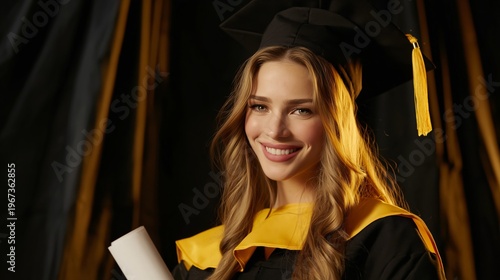 Graduate Smiles While Holding Diploma in Cap and Gown at Graduation Ceremony ...