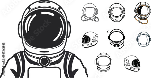 Minimal Outline Astronaut Helmet Icon in Clean Line Art Style with White Background for Space Apps, Sci-Fi Projects, and Modern User Interface Design