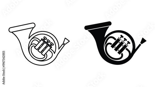 French horn instruments in contrasting art styles depicted as icons