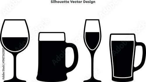 Silhouette set of elegant wine glasses and beer mugs. Vector set of bar glassware and alcoholic beverage symbols. Party refreshment drink icons. Professional vector illustration