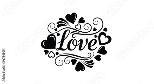 Elegant black love lettering with floral swirls and heart shapes silhouette