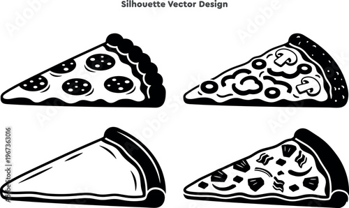 Silhouette set of pizza slices and delicious fast food crusts. Vector set of Italian cuisine and restaurant meal symbols. Yummy lunch snack graphics. Professional vector illustration