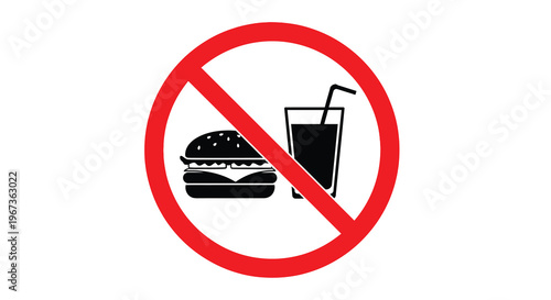 No food or drinks allowed prohibition sign with black silhouettes