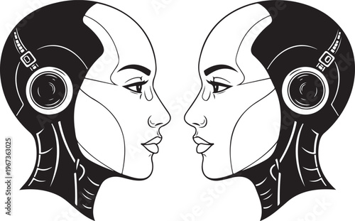 Vector art of two female faces in profile facing each other.Black and white vector illustration of human and robot side.