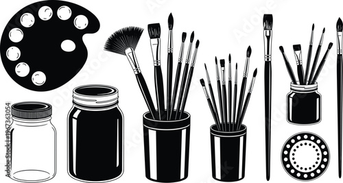 Artist tools collection illustration, paint brushes palette and jars set, creative art supplies, painting equipment icons, studio essentials, black and white vector design