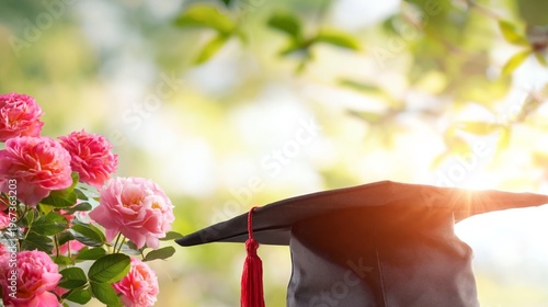 Graduation Cap on a Table With Roses in a Garden During Summer Afternoon Light