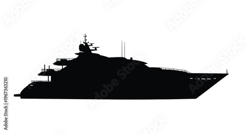 A sleek black silhouette of a large luxury yacht at sea