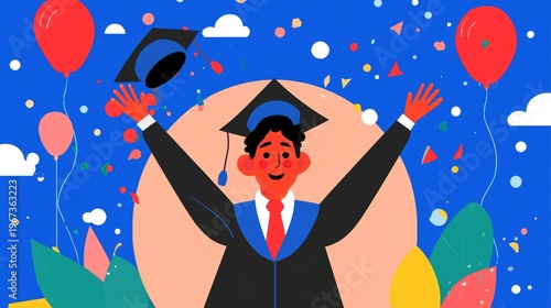 Celebrating Graduation With Cap and Balloons in a Festive Setting on a Sunny Day