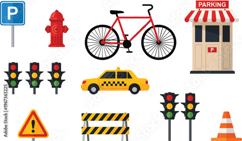 Urban Traffic Management Icon Set with Yellow Taxi Red Bicycle Parking Booth Traffic Lights Road Barriers Fire Hydrant and City Safety Equipment Vector Illustration