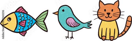 Hand Drawn Cute Pets Cartoon Fish Bird And Cat Vector Illustration