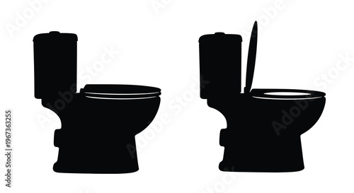 Two toilet depictions one with an open lid in black silhouette