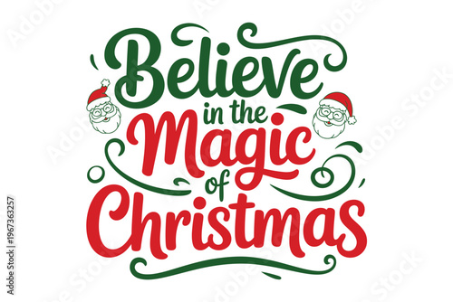 Christmas text illustration with Santa Claus faces and decorative swirls