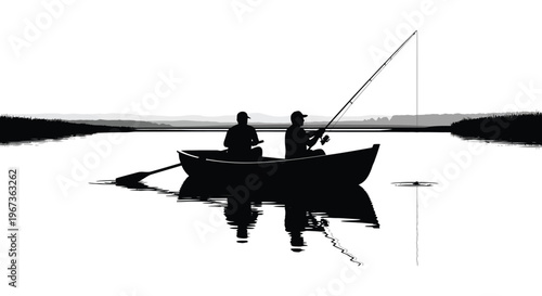 Two figures are fishing from a small boat on calm water creating a striking visual silhouette high quality professional detailed modern