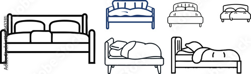 Minimal Outline Bed Icon in Simple Line Style with Clean White Background for Hotel Booking Apps, Sleep Tracking, and Modern User Interface Design