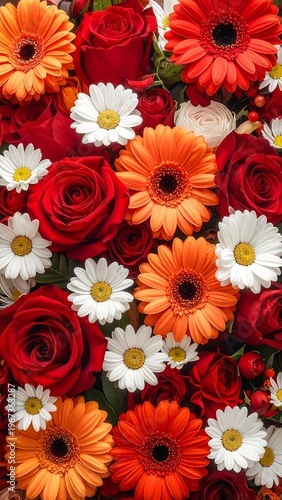 Close-up of vibrant floral arrangement, showcasing red roses, daisies, and bright orange gerbera daisies against a white background