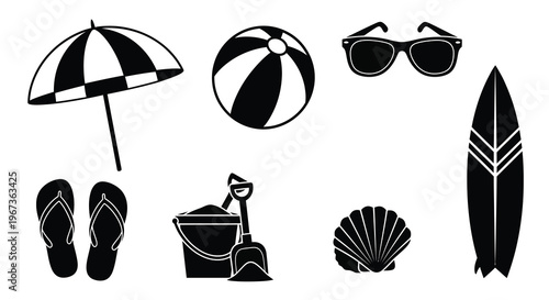 Summer vacation icons beach items in a striking silhouette