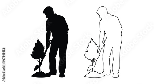 Two men tending to small trees contrasting black and white silhouette