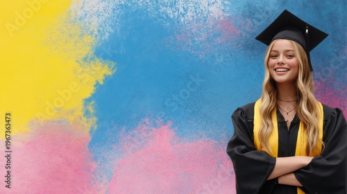 Graduate Stands in Front of Colorful Mural Celebrating Achievement at Graduat...