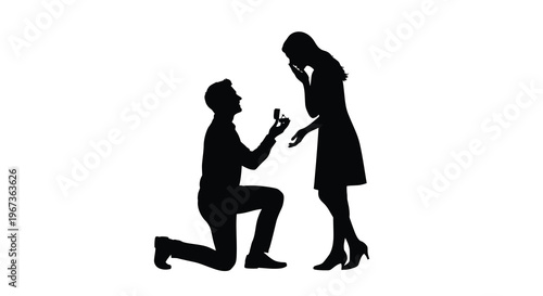A romantic proposal scene with a kneeling man and surprised woman silhouette