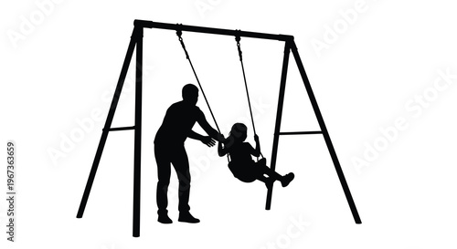 Father pushing daughter on swing set a striking black silhouette