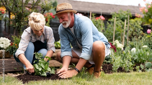 Gardeners Work Together in a Sunny Garden Planting Vegetables in Raised Beds ...