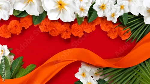 Bright Floral Decoration With Orange Ribbon on Red Background for Celebration Event