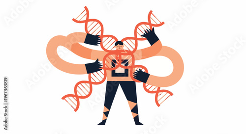 Abstract illustration of a person intertwined with DNA strands, representing genetic research and science