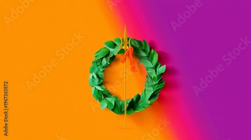 Colorful Wreath With Green Leaves on Orange and Purple Background During Summ...