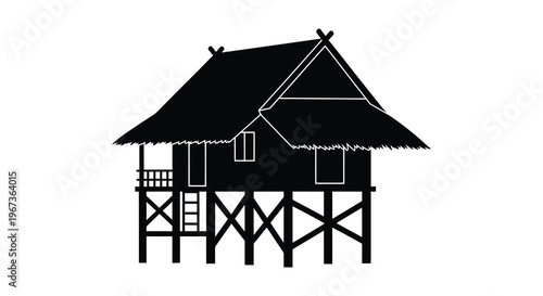 A striking black silhouette of a traditional thatched roof house elevated on stilts showcasing architectural details silhouette high quality professional detailed modern