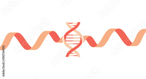 Abstract illustration of a DNA double helix structure with flowing genetic code ribbons on a white background, representing science, research, and biotechnology.