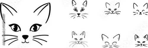 Obraz Minimal Cat Face Outline Icon Illustration with Thin Stroke Lines Depicting Cute Feline Expression Isolated on a White Background for Minimalist, Pet, and UI Design Projects